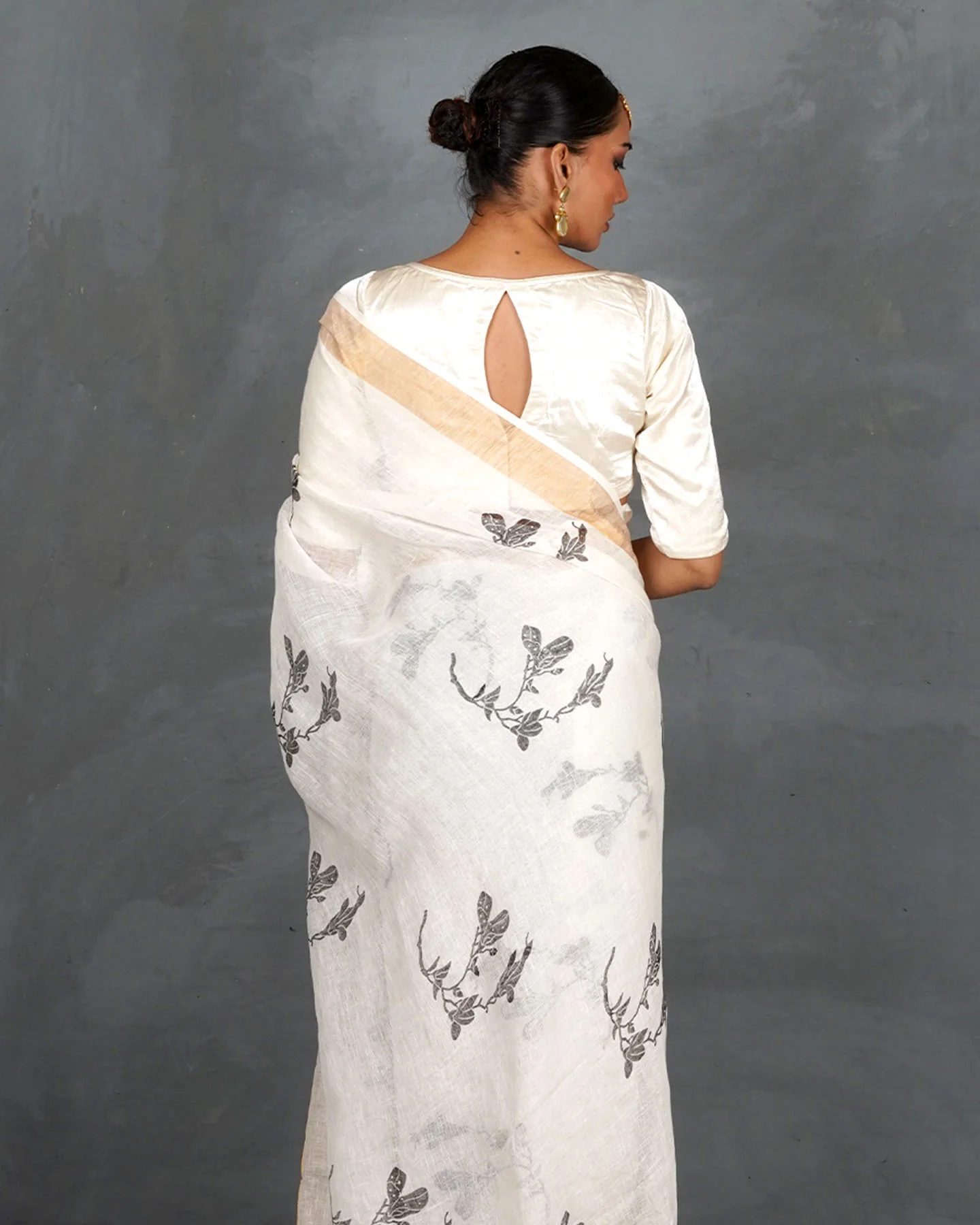 Aabroo White Handblock Linen Saree - TARA - Image 3