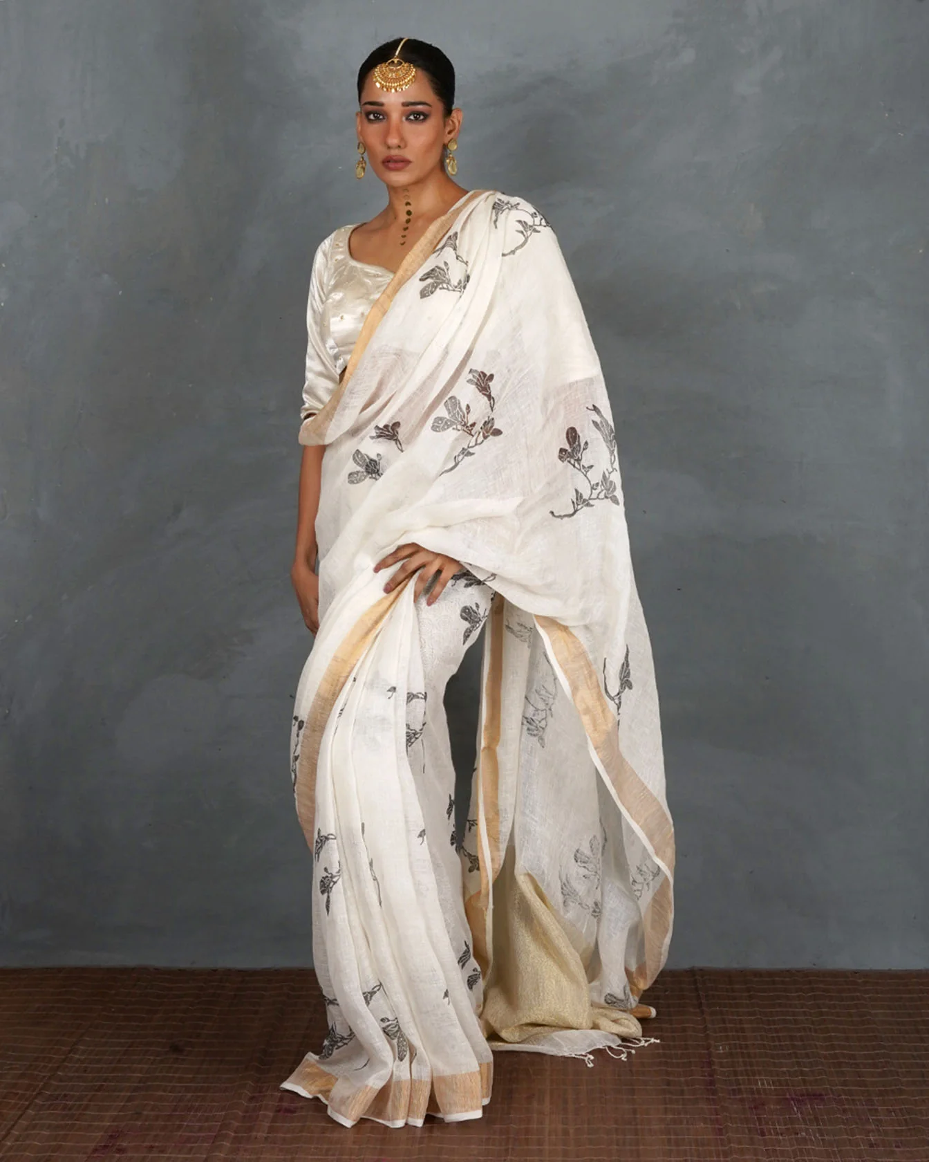 Aabroo White Handblock Linen Saree - TARA - Image 4