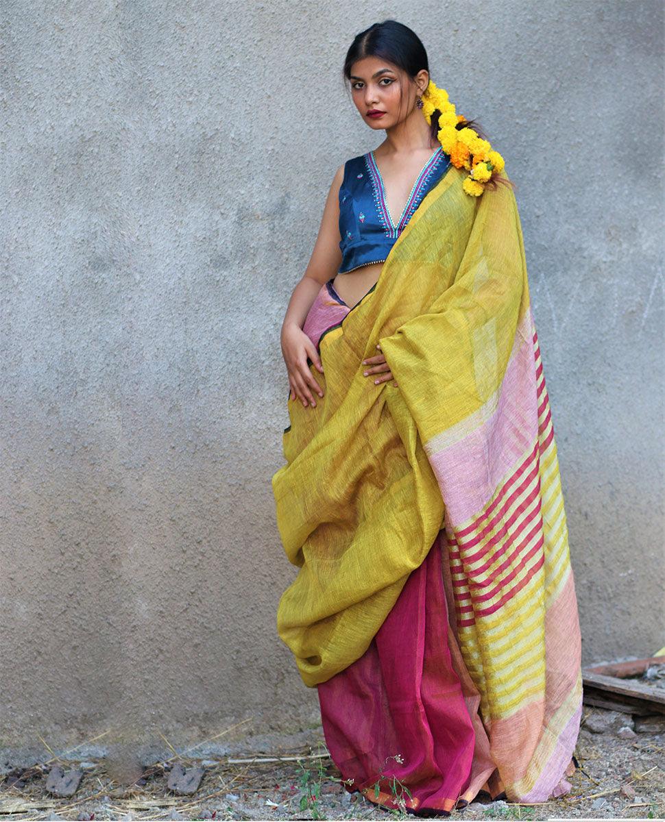 Aashnaa Handwoven Linen Zari Saree - Gazala - Image 6