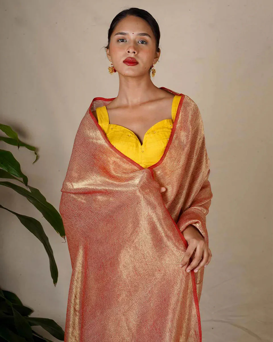 Abhati Red Handwoven Linen Zari Saree - Eknoor - Image 2