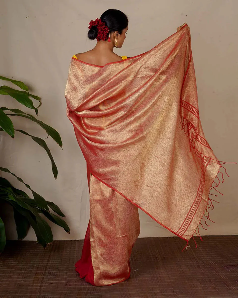 Abhati Red Handwoven Linen Zari Saree - Eknoor - Image 9