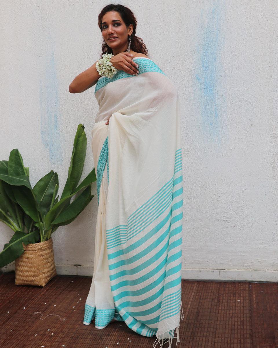 Abhaya Ivory Handwoven Linen Cotton Jamdani Saree - Uma - Image 5