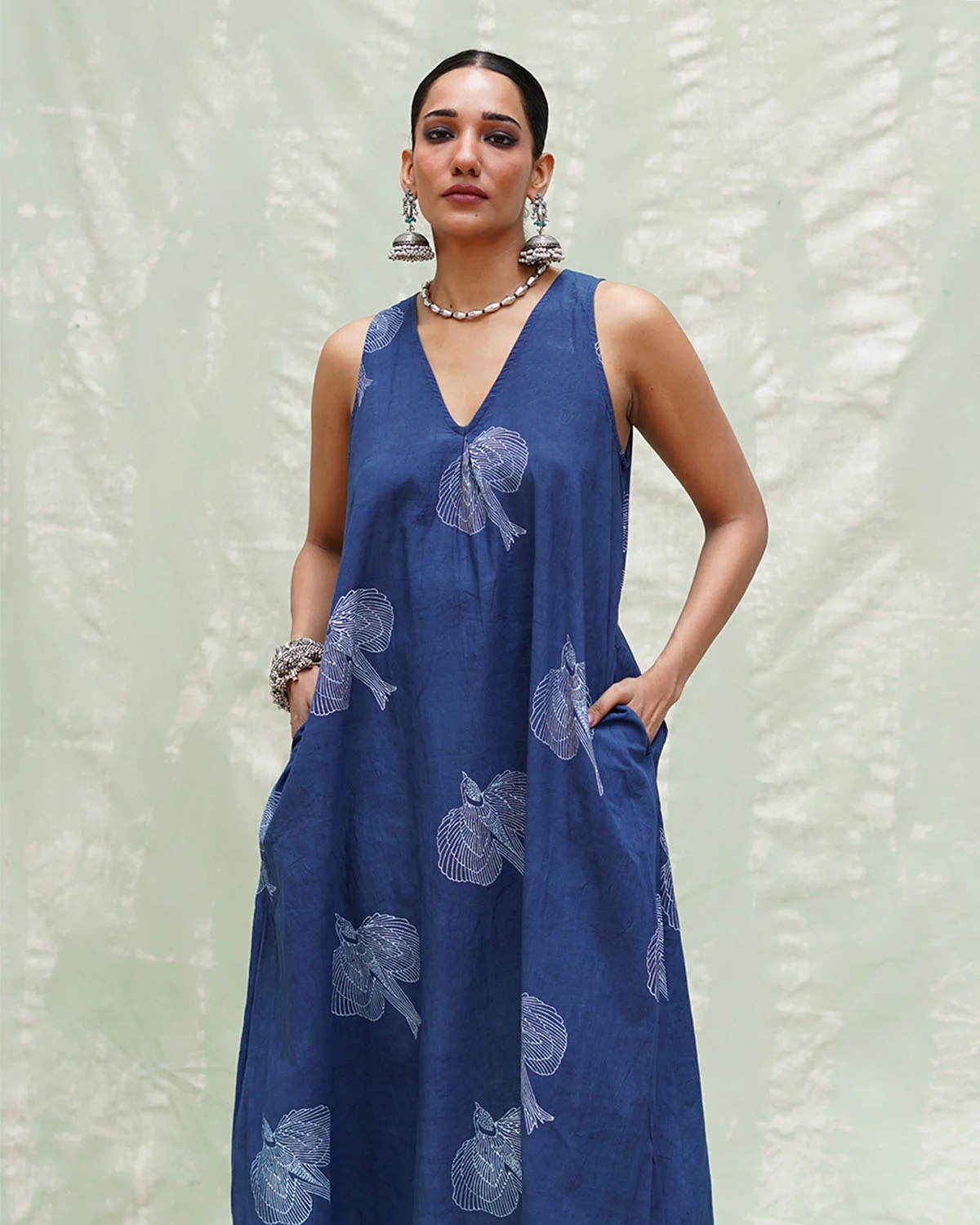 Adana Malhar Blue Handblock Print Cotton Dress - INDI