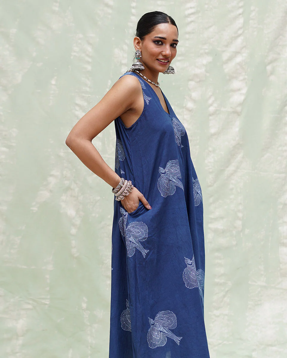 Adana Malhar Blue Handblock Print Cotton Dress - INDI - Image 5
