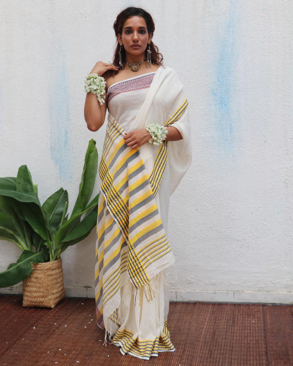 Adya Ivory Handwoven Linen Cotton Jamdani Saree - Uma - Image 4