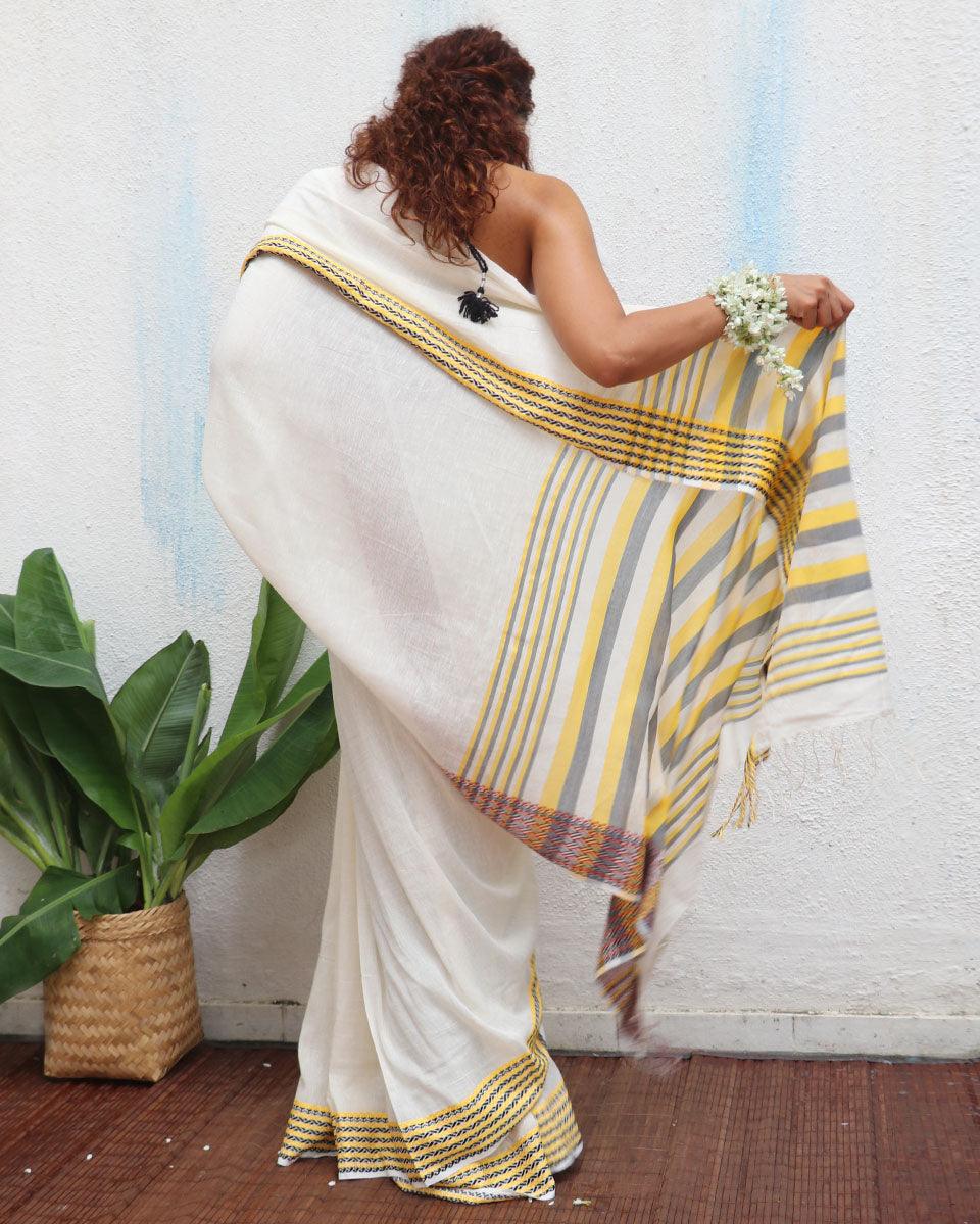 Adya Ivory Handwoven Linen Cotton Jamdani Saree - Uma - Image 5