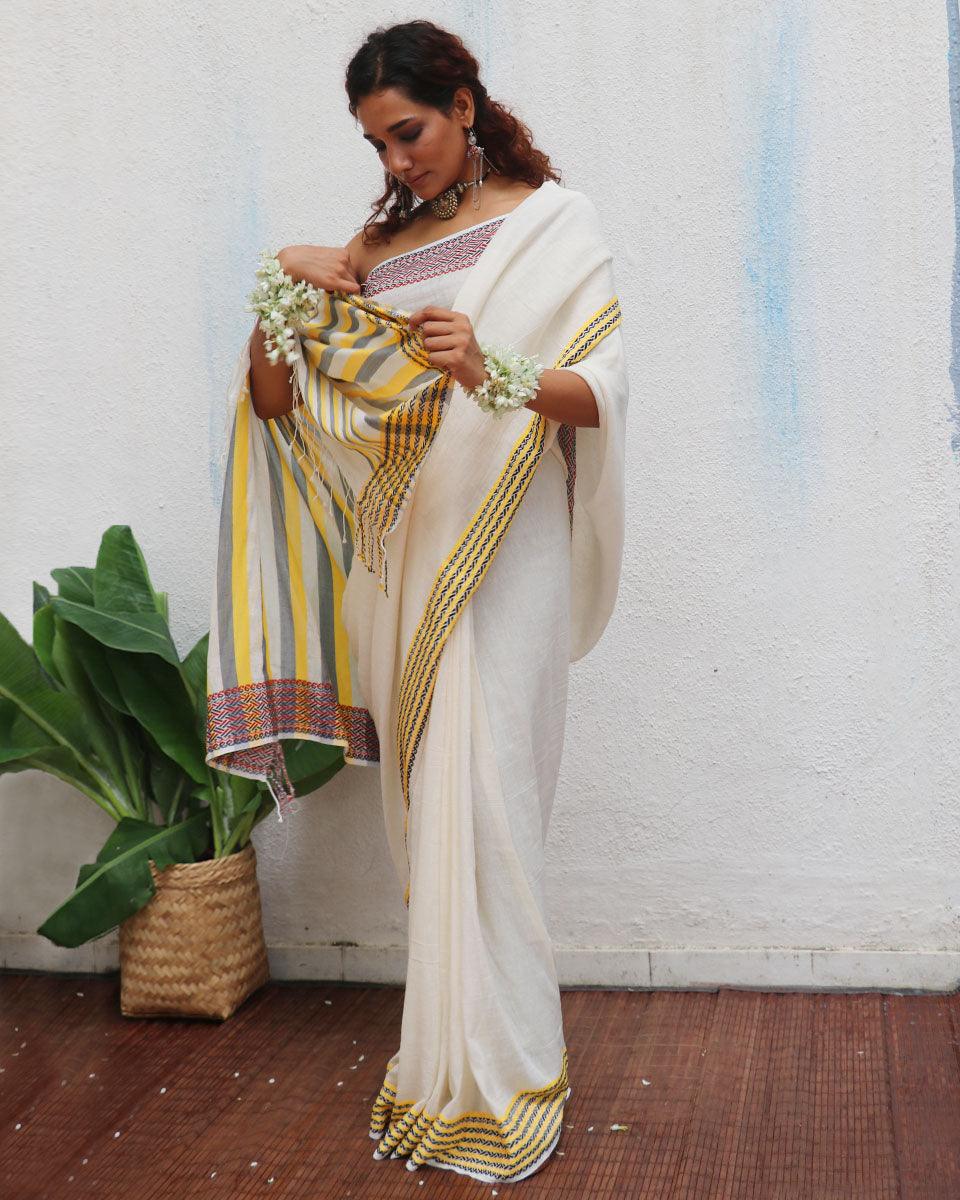 Adya Ivory Handwoven Linen Cotton Jamdani Saree - Uma - Image 6
