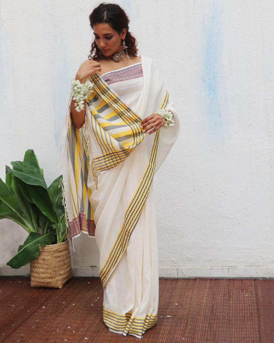Adya Ivory Handwoven Linen Cotton Jamdani Saree - Uma - Image 7