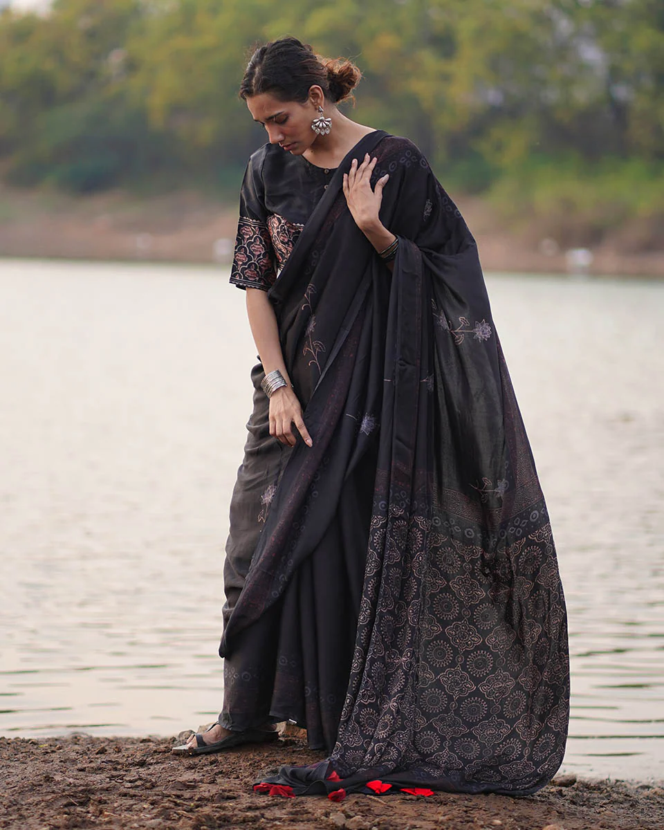 Ahima Black Block printed Modal Silk Saree - Jaisal - Image 2