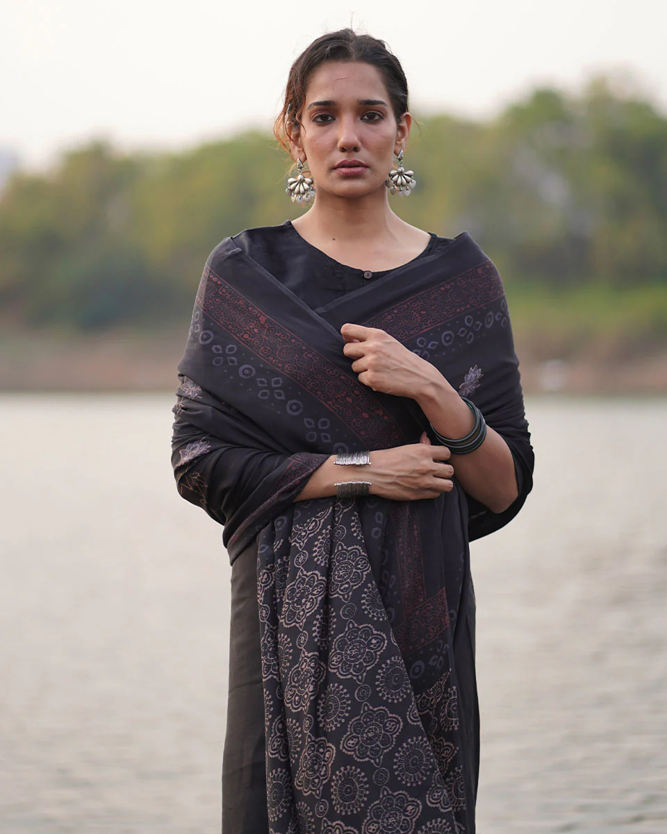 Ahima Black Block printed Modal Silk Saree - Jaisal - Image 4