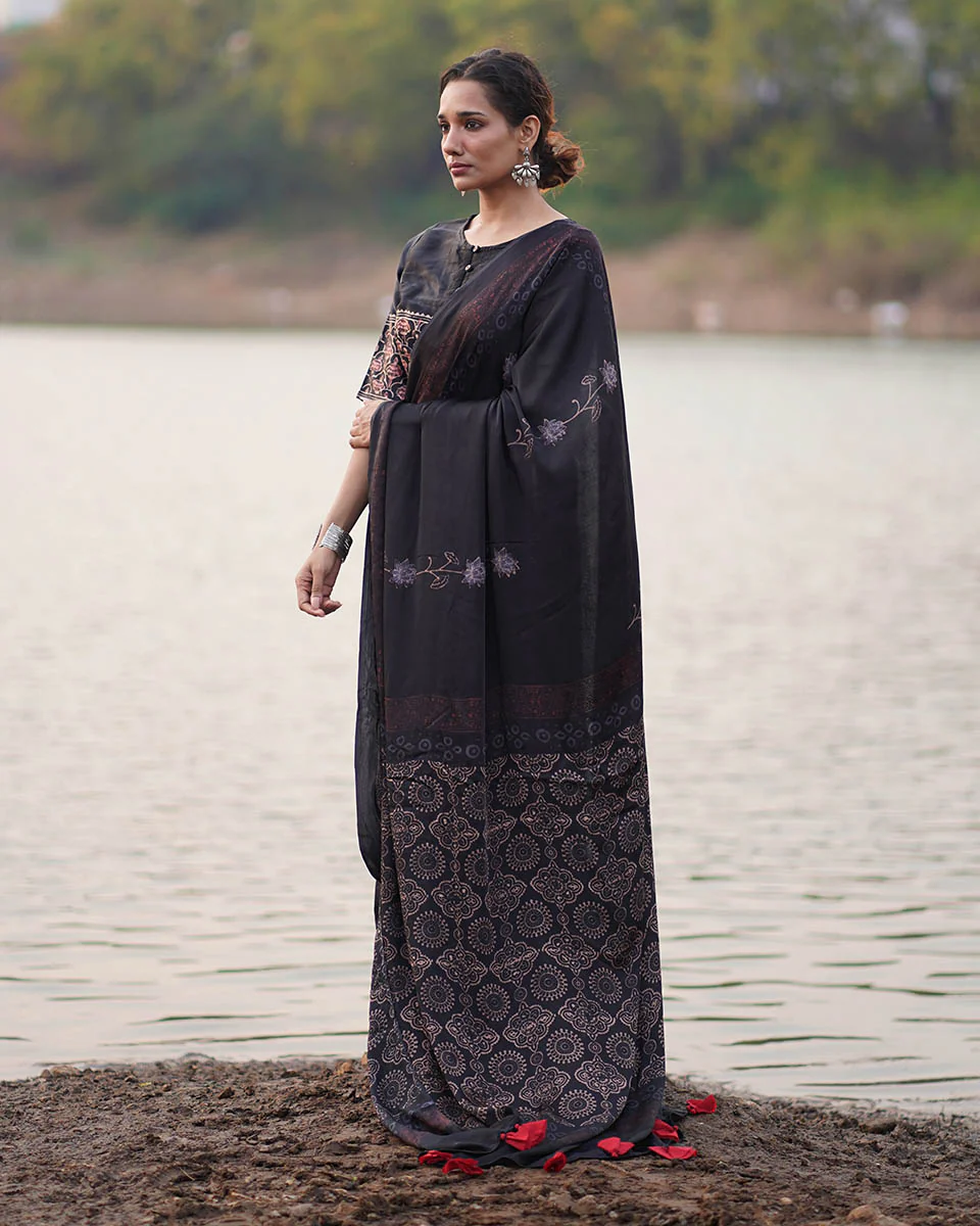 Ahima Black Block printed Modal Silk Saree - Jaisal - Image 5