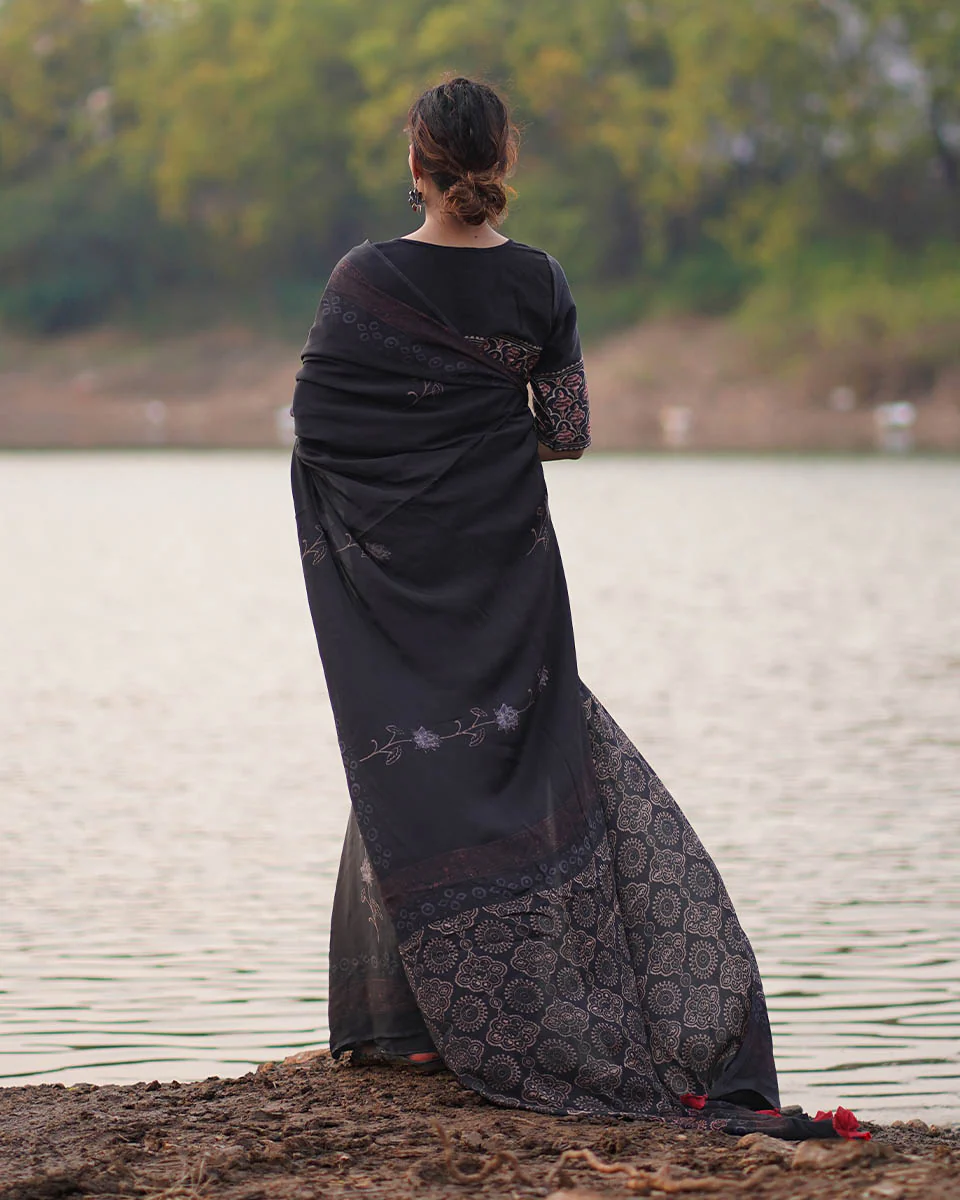 Ahima Black Block printed Modal Silk Saree - Jaisal - Image 7