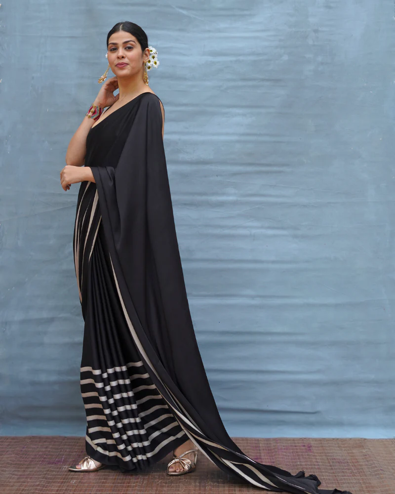 Airy Fold Black Handblock Print Modal Silk Saree - Flow - Image 11
