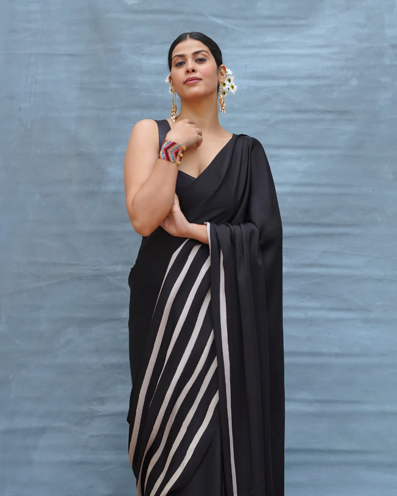 Airy Fold Black Handblock Print Modal Silk Saree - Flow - Image 2