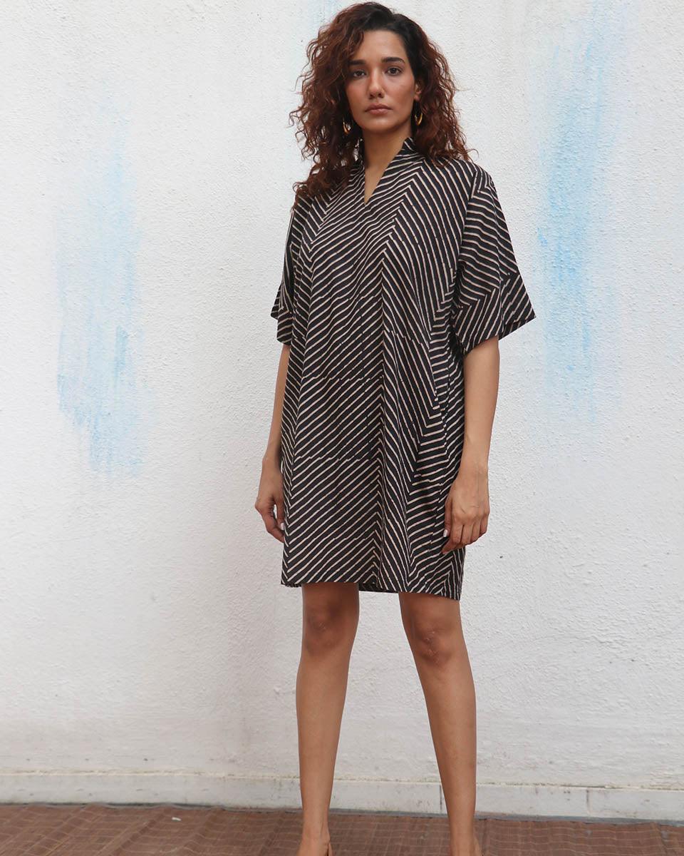Almond Butter Handblock Printed Cotton Dress - Mono - Image 4