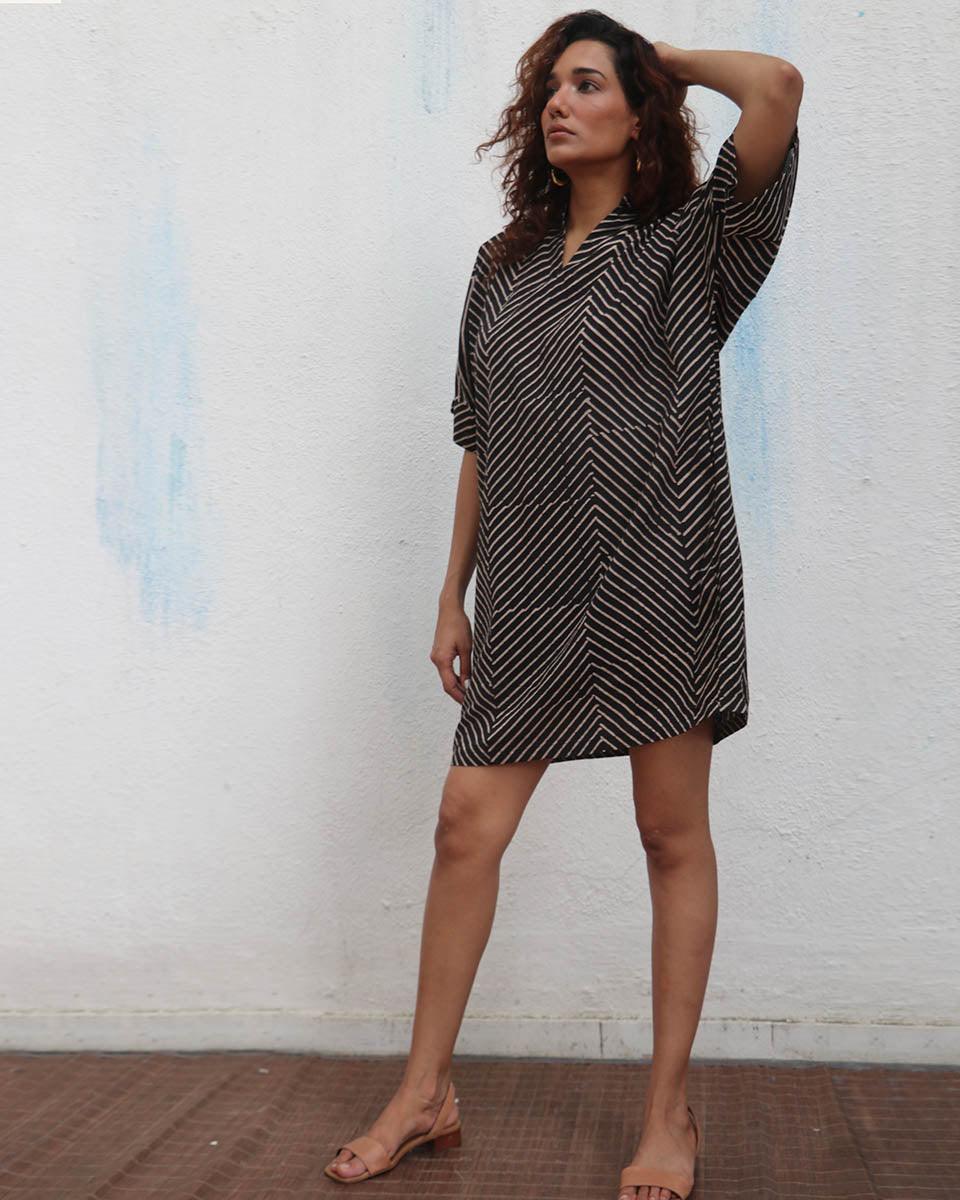 Almond Butter Handblock Printed Cotton Dress - Mono - Image 7