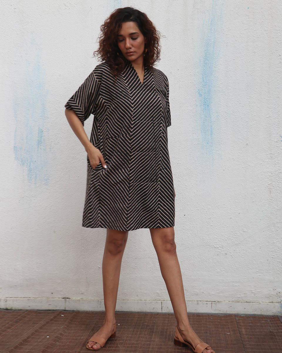 Almond Butter Handblock Printed Cotton Dress - Mono - Image 8
