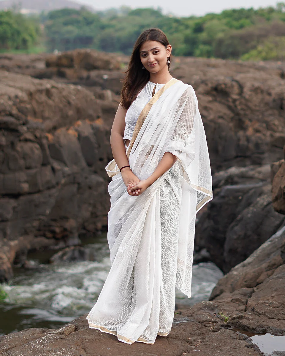 Almond Smoke Kota Doria Ivory Block Printed Saree - SFD