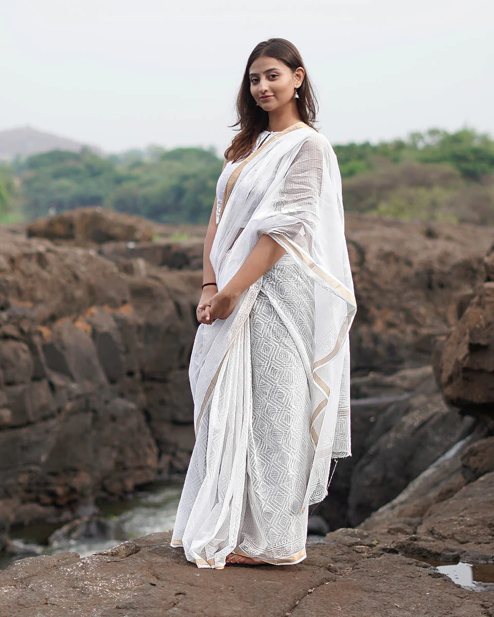 Almond Smoke Kota Doria Ivory Block Printed Saree - SFD - Image 2