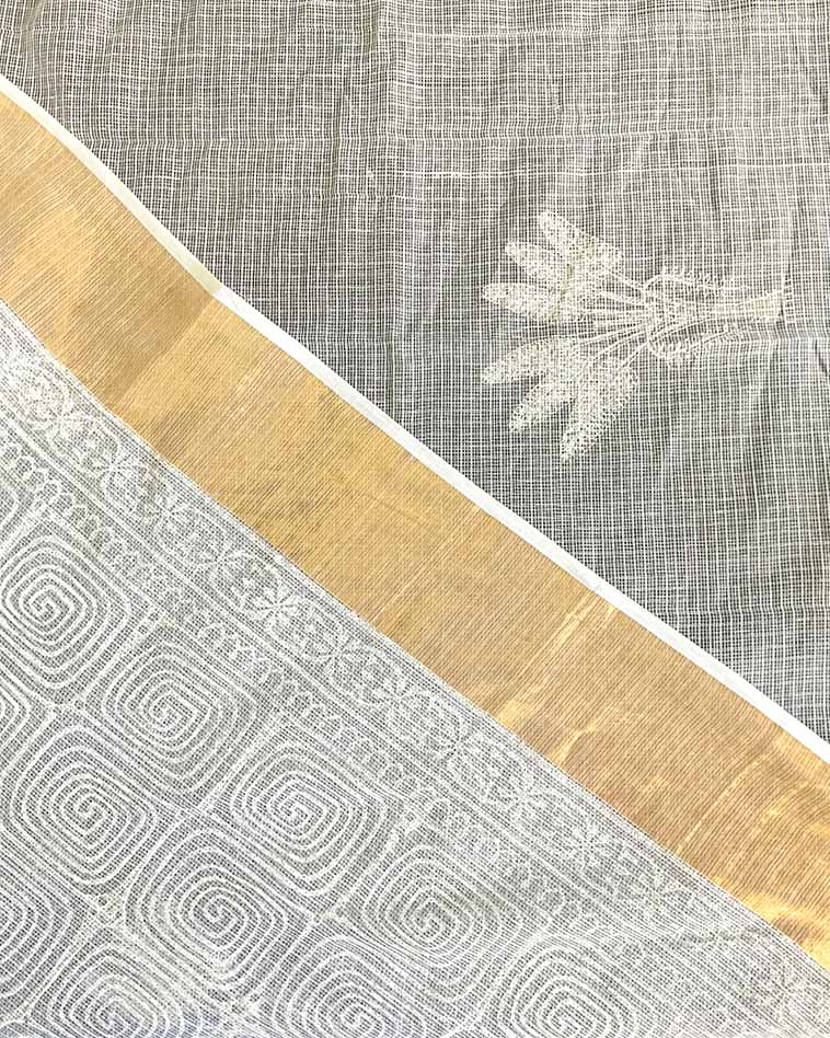 Almond Smoke Kota Doria Ivory Block Printed Saree - SFD - Image 3