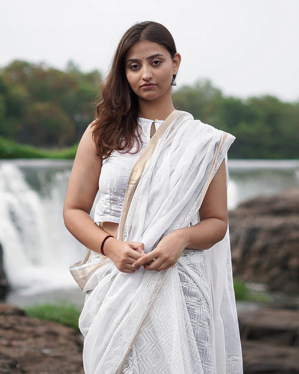 Almond Smoke Kota Doria Ivory Block Printed Saree - SFD - Image 5