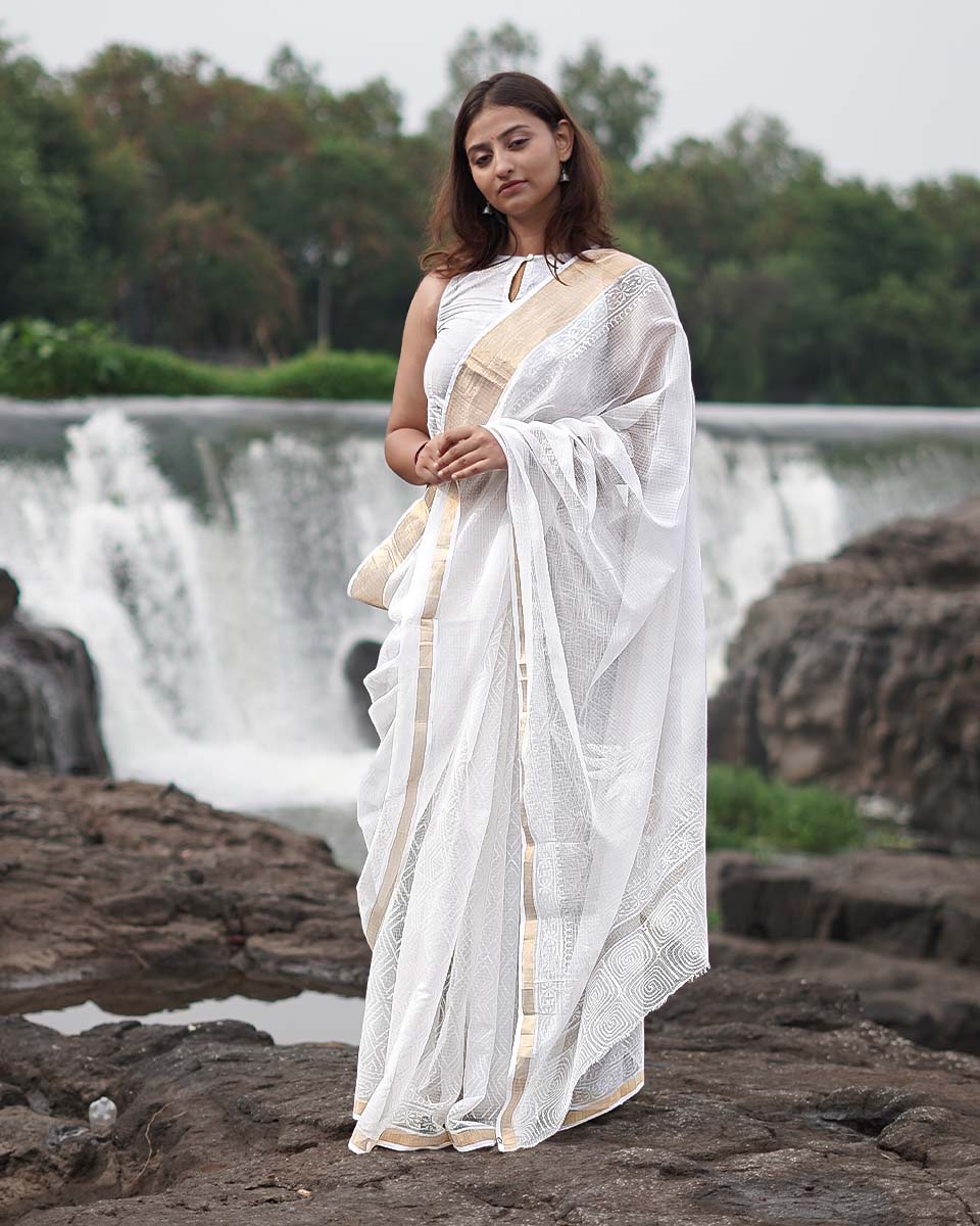 Almond Smoke Kota Doria Ivory Block Printed Saree - SFD - Image 6