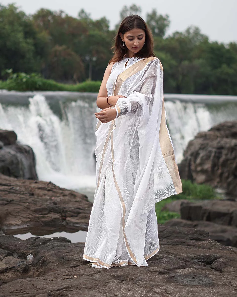 Almond Smoke Kota Doria Ivory Block Printed Saree - SFD - Image 8