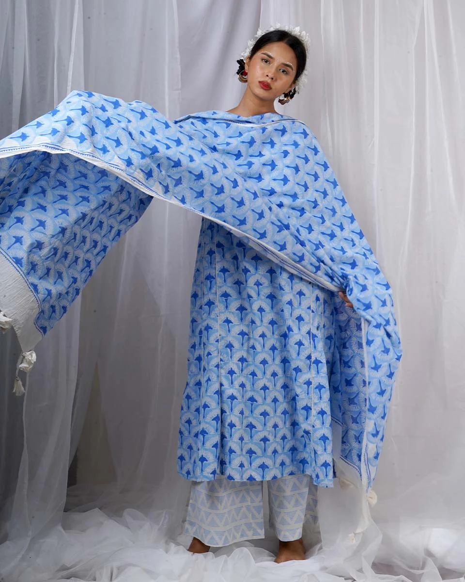 Amaaya Blue Hand Block Printed Dupatta-BAD - Image 2