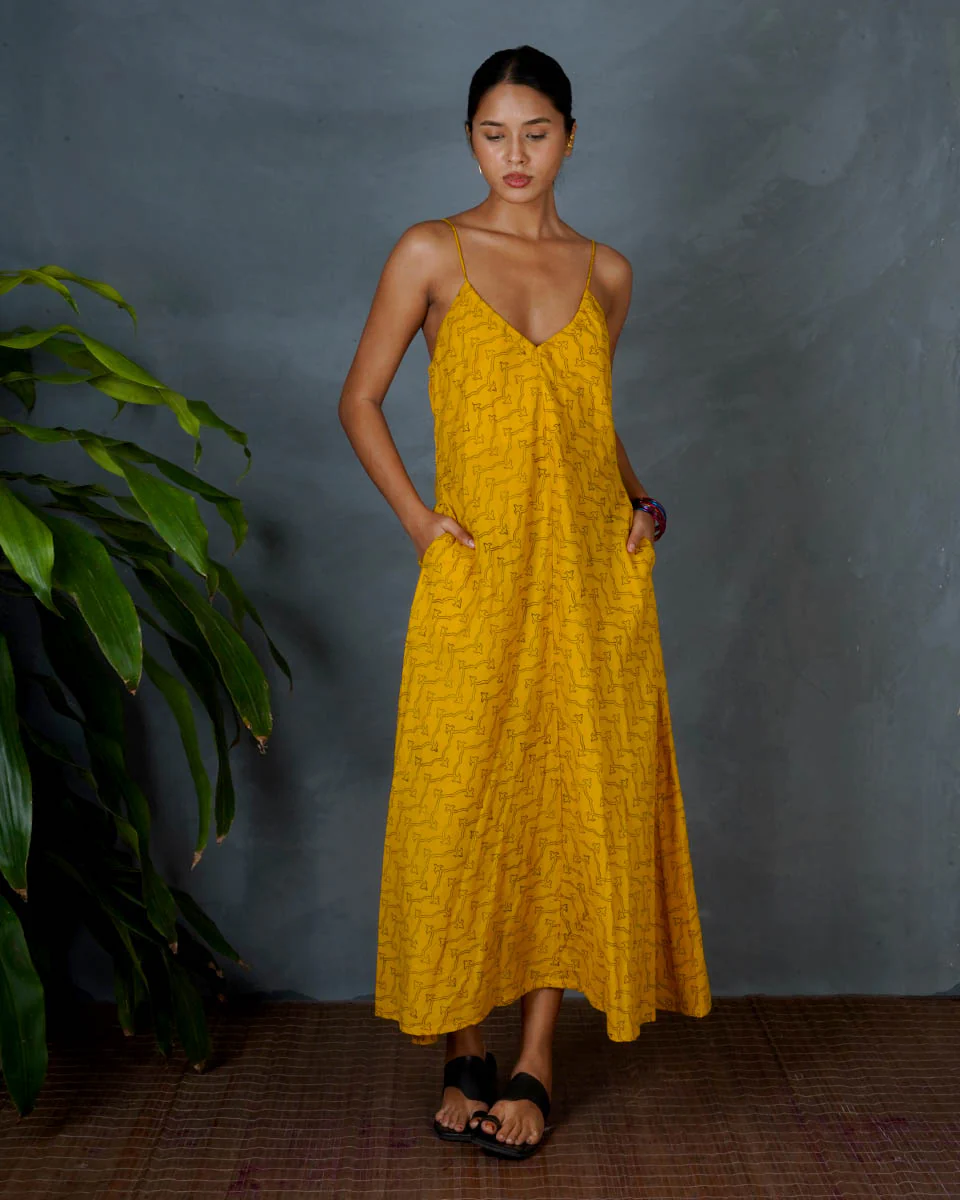 Amaira Yellow Hand Block Printed Cotton Dress-MYA - Image 2
