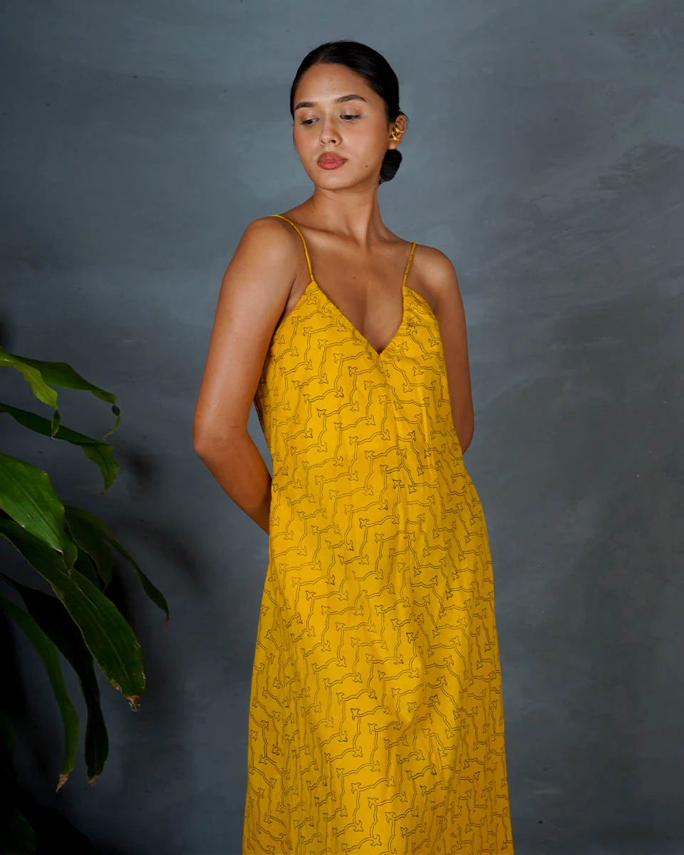 Amaira Yellow Hand Block Printed Cotton Dress-MYA - Image 4
