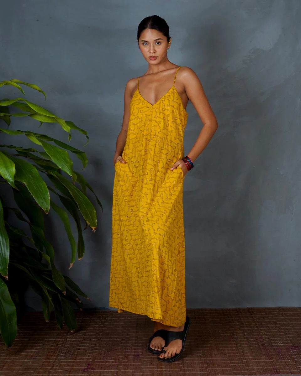 Amaira Yellow Hand Block Printed Cotton Dress-MYA - Image 6