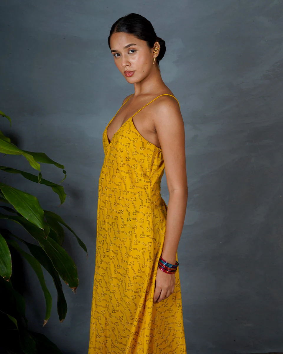 Amaira Yellow Hand Block Printed Cotton Dress-MYA - Image 9