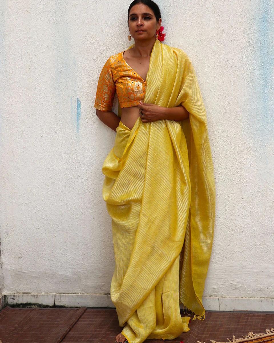 Amber Handwoven Linen Zari Saree - TOG - Image 9