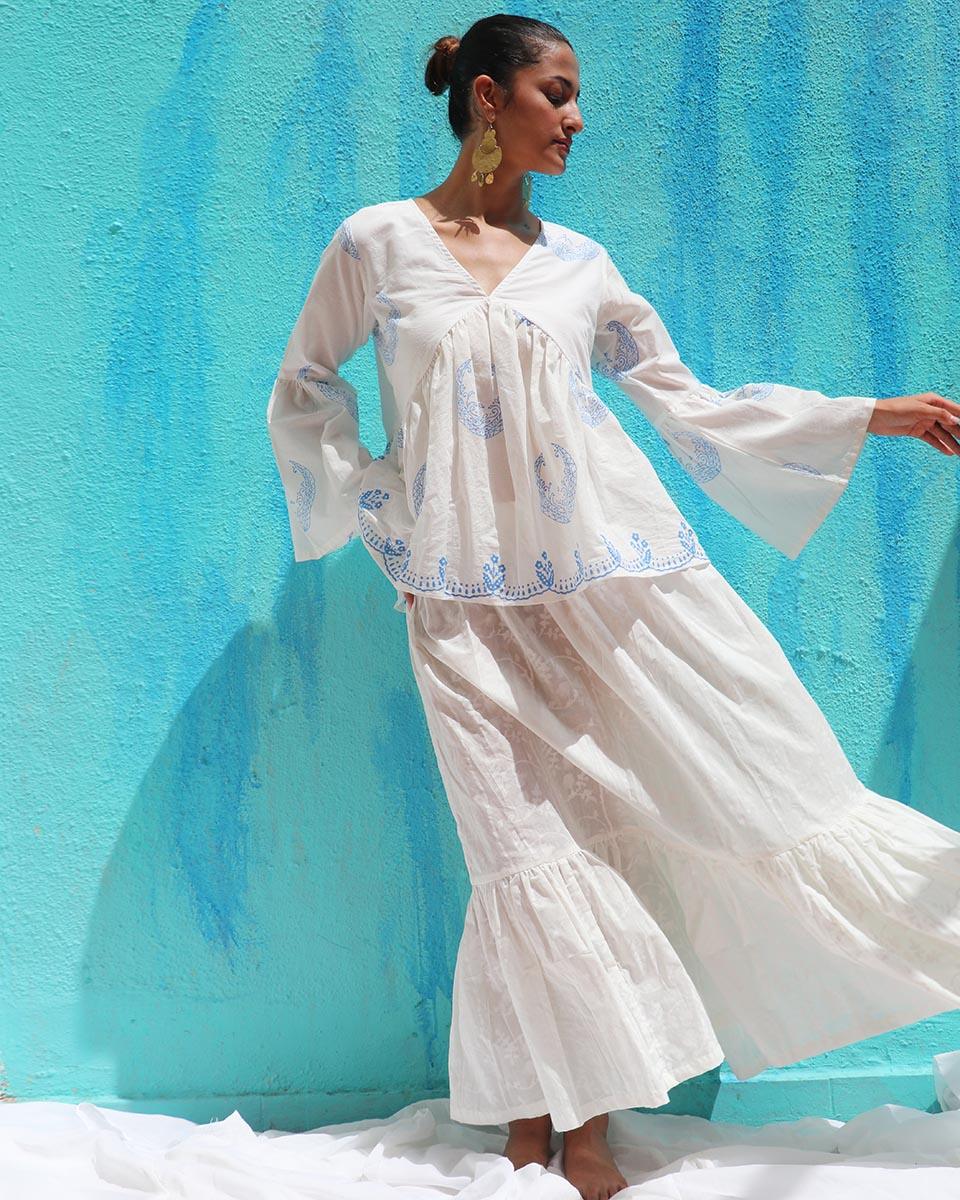 Anabeth Handprinted Cotton Skirt - Safed - Image 5
