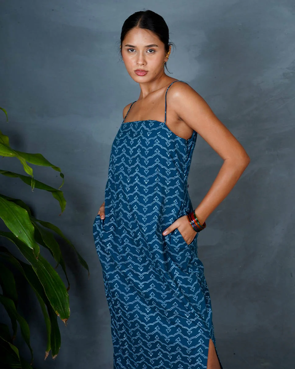 Anaya Teal Green Hand Block Printed Cotton Dress-MYA - Image 6