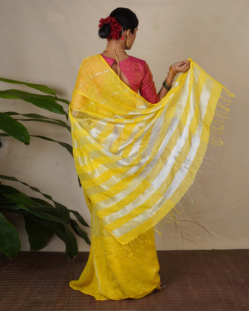Arunima Yellow Handwoven Linen Zari Saree - Eknoor - Image 10