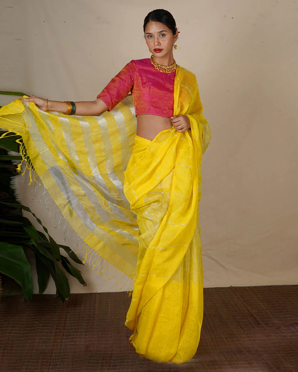 Arunima Yellow Handwoven Linen Zari Saree - Eknoor - Image 4