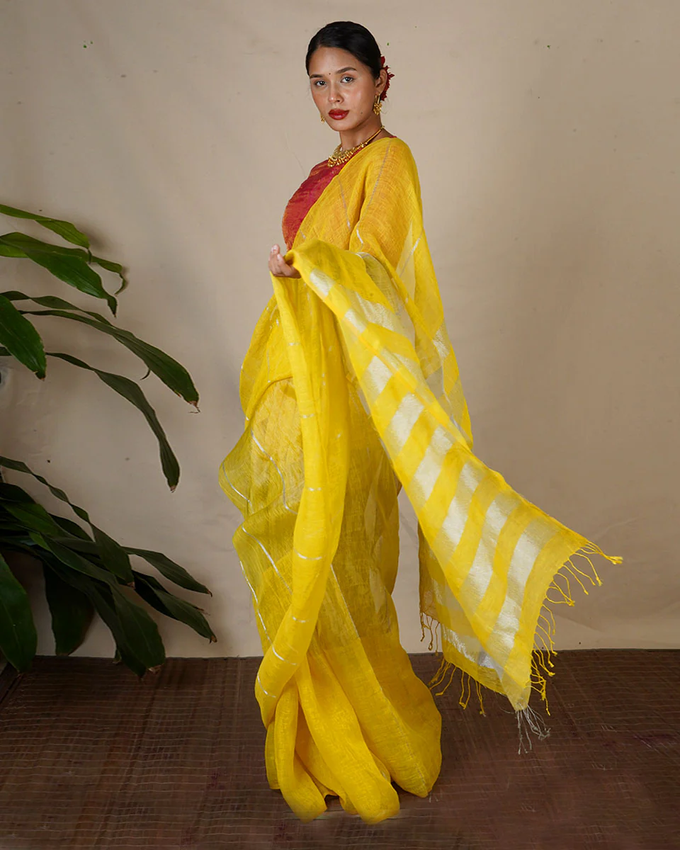 Arunima Yellow Handwoven Linen Zari Saree - Eknoor - Image 5