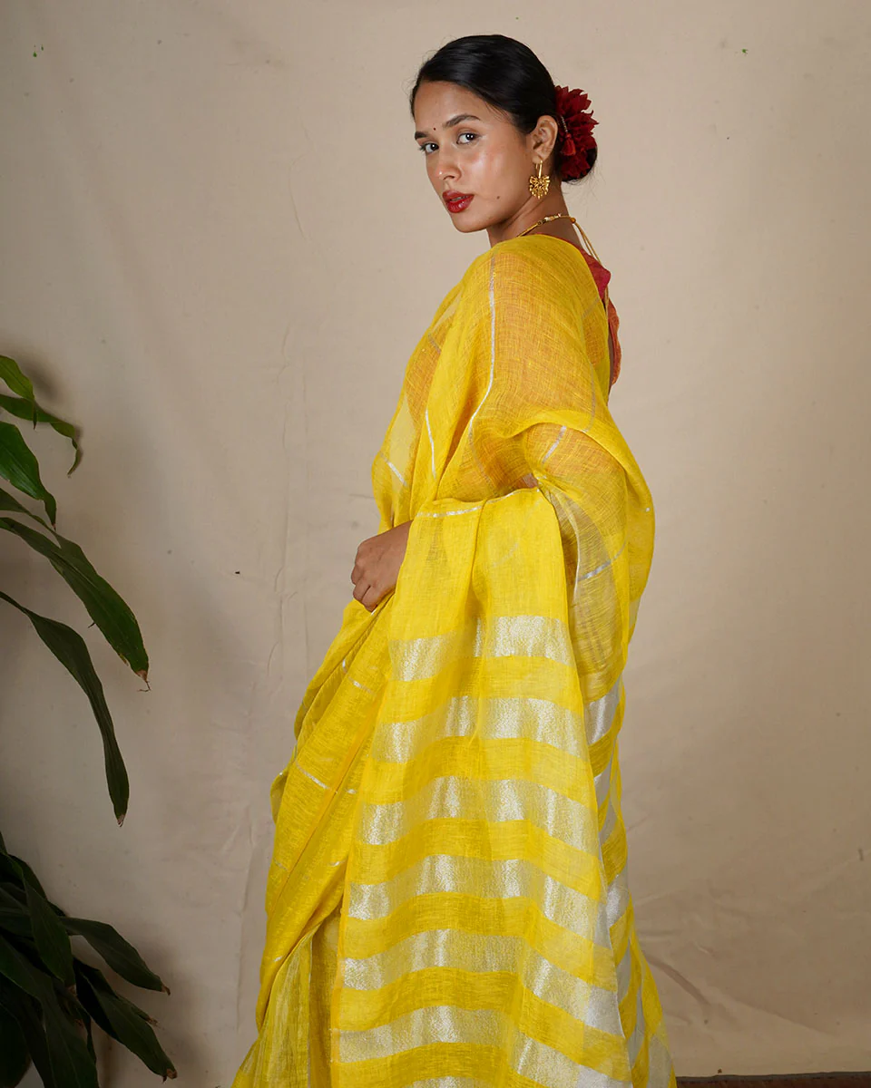Arunima Yellow Handwoven Linen Zari Saree - Eknoor - Image 8
