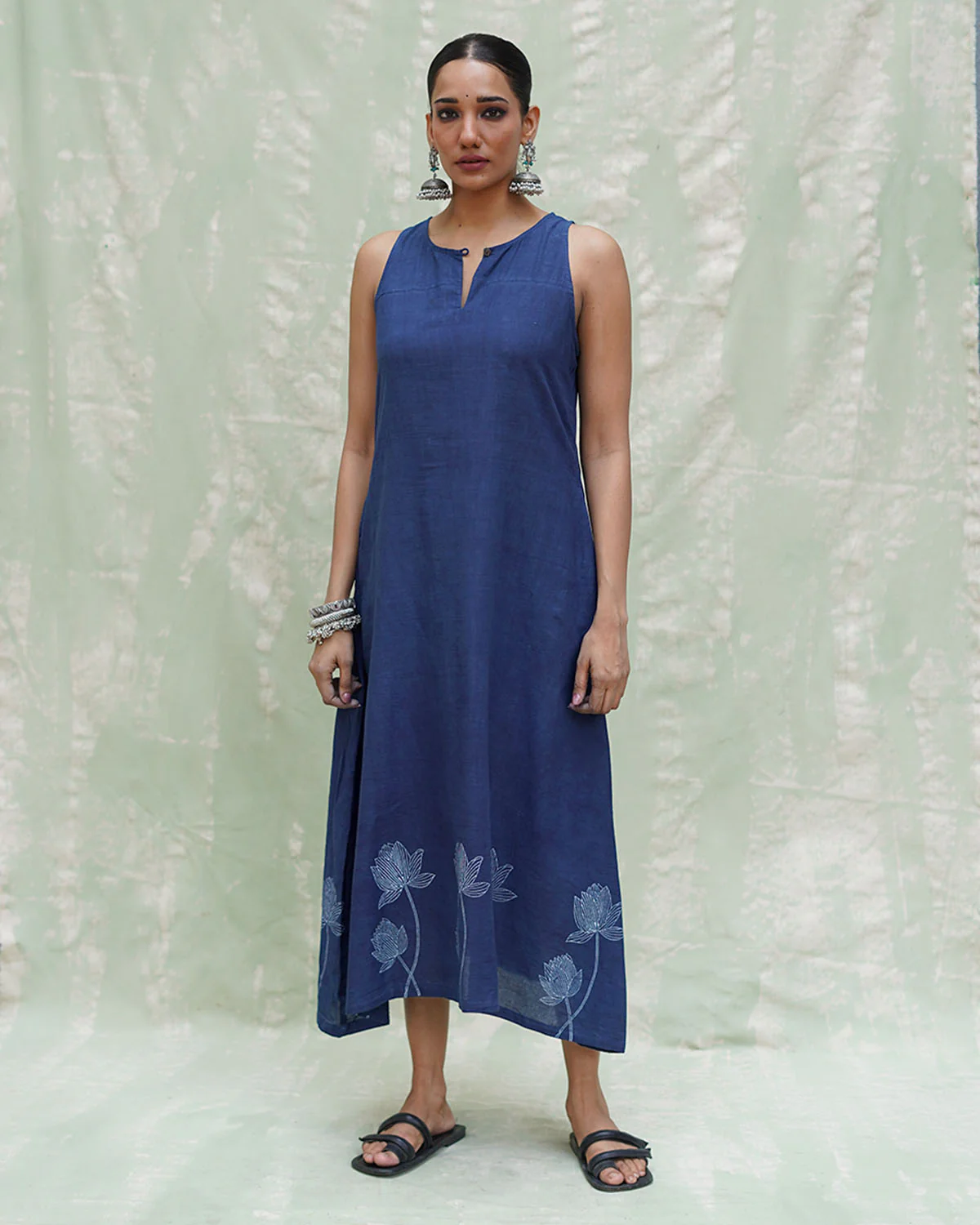 Asravi Blue Handblock Print Cotton Dress - INDI