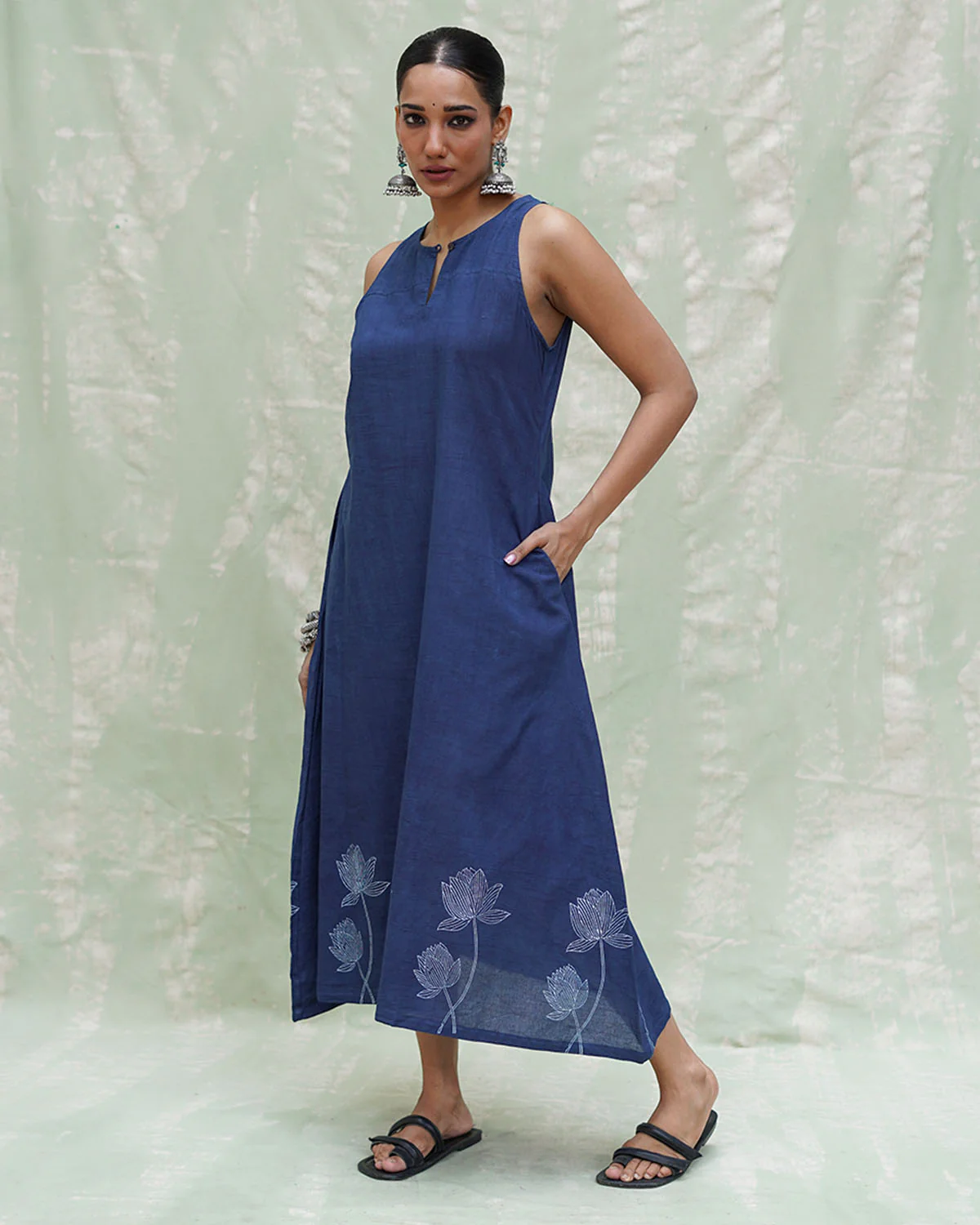 Asravi Blue Handblock Print Cotton Dress - INDI - Image 2