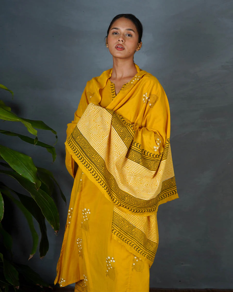 Avira Yellow Hand Block Printed Cotton Dupatta-MYA - Image 6