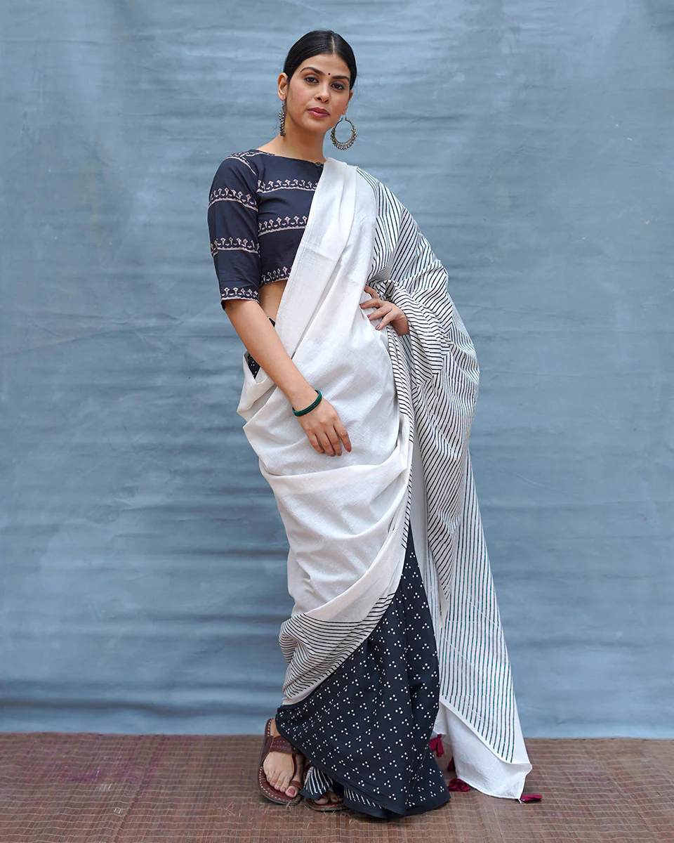B&W Muse Black & White Handblock Print Cotton Saree - MIS - Image 13