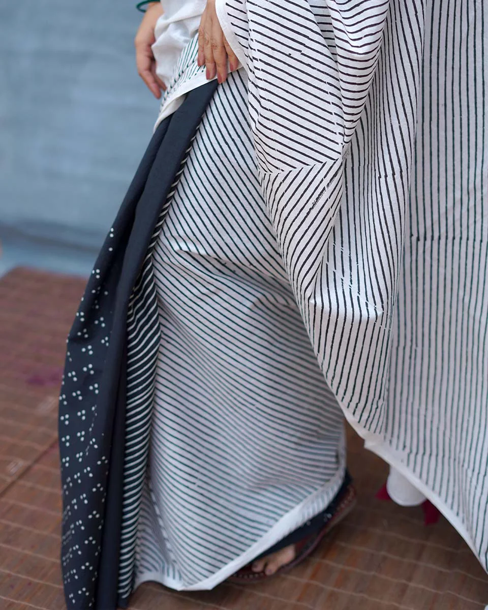 B&W Muse Black & White Handblock Print Cotton Saree - MIS - Image 4