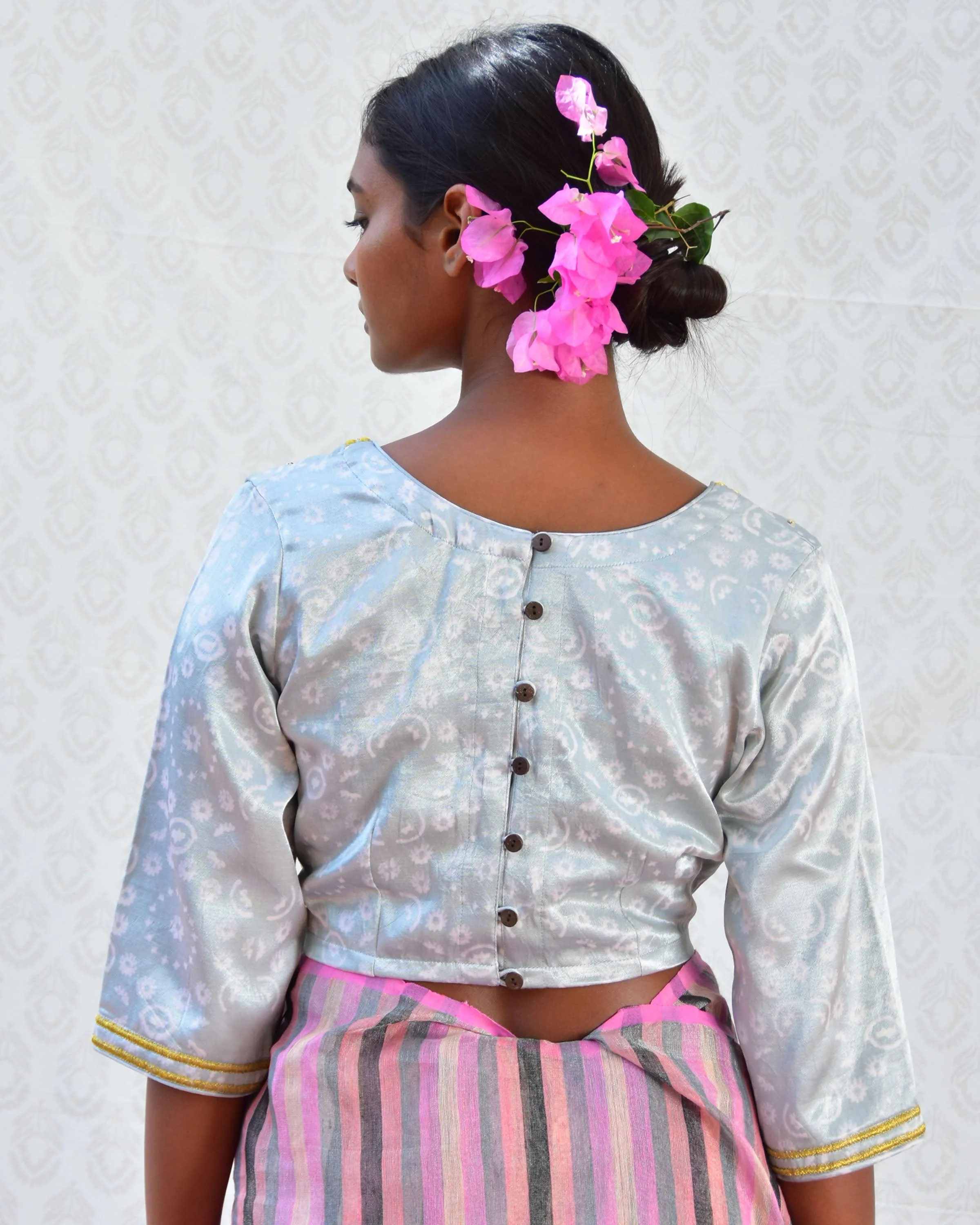 Baby Blue Handblockprinted Mashru Silk Blouse - Bgvl - Image 3
