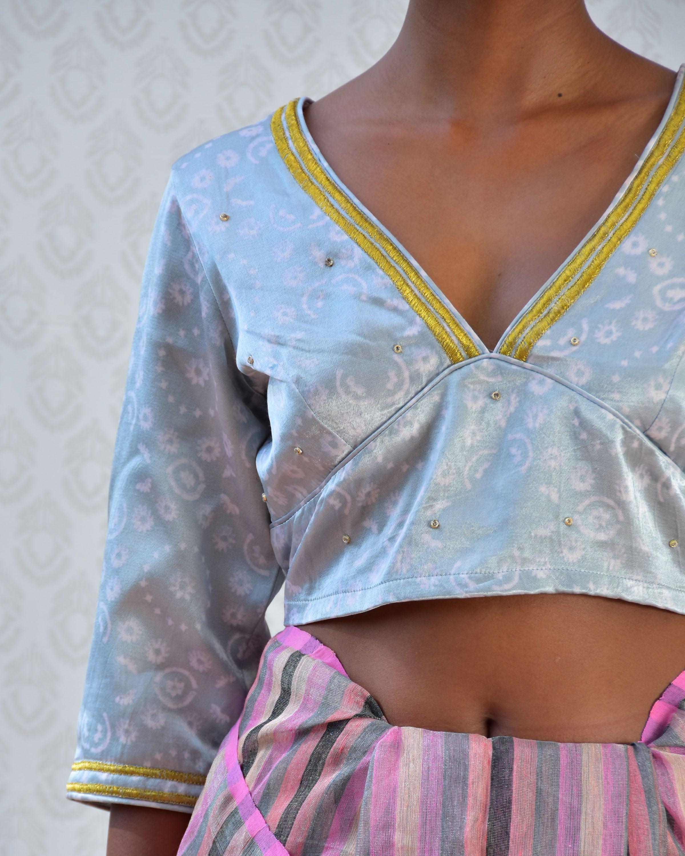 Baby Blue Handblockprinted Mashru Silk Blouse - Bgvl - Image 4
