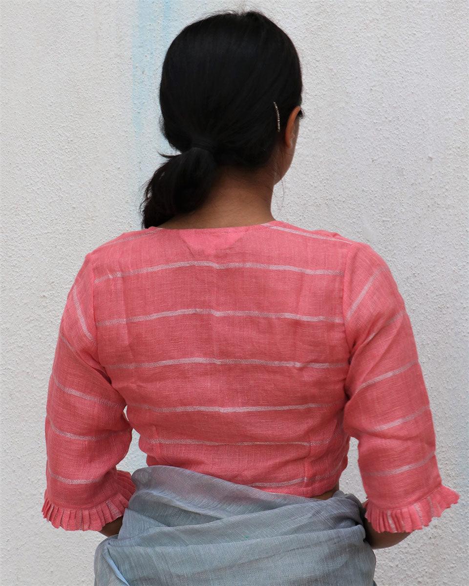Baby Pink Handwoven Linen Zari Blouse - Everyday Beautiful - Image 3
