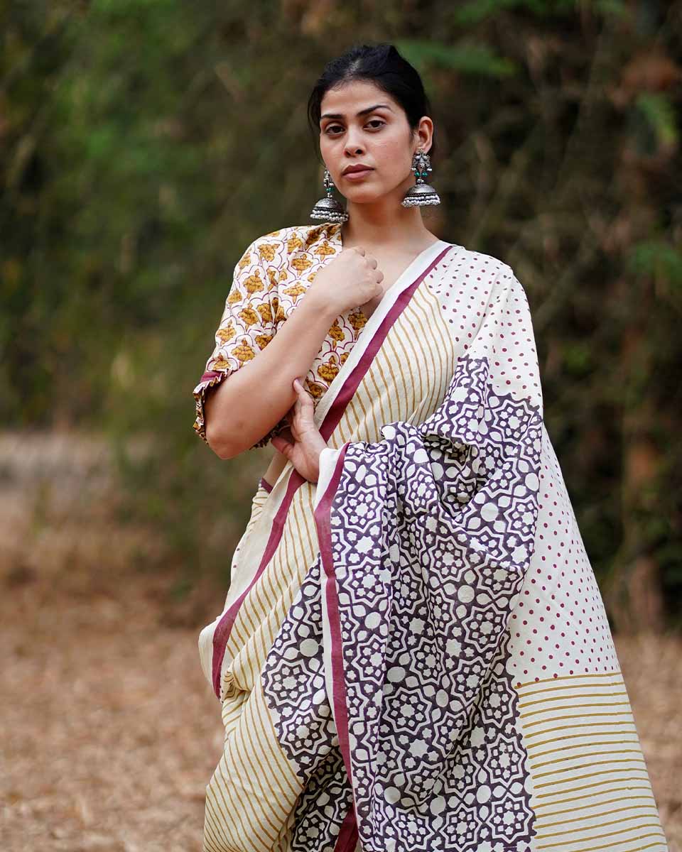 Badal Pe Paon Ivory Block Printed Cotton Saree - WW - Image 5