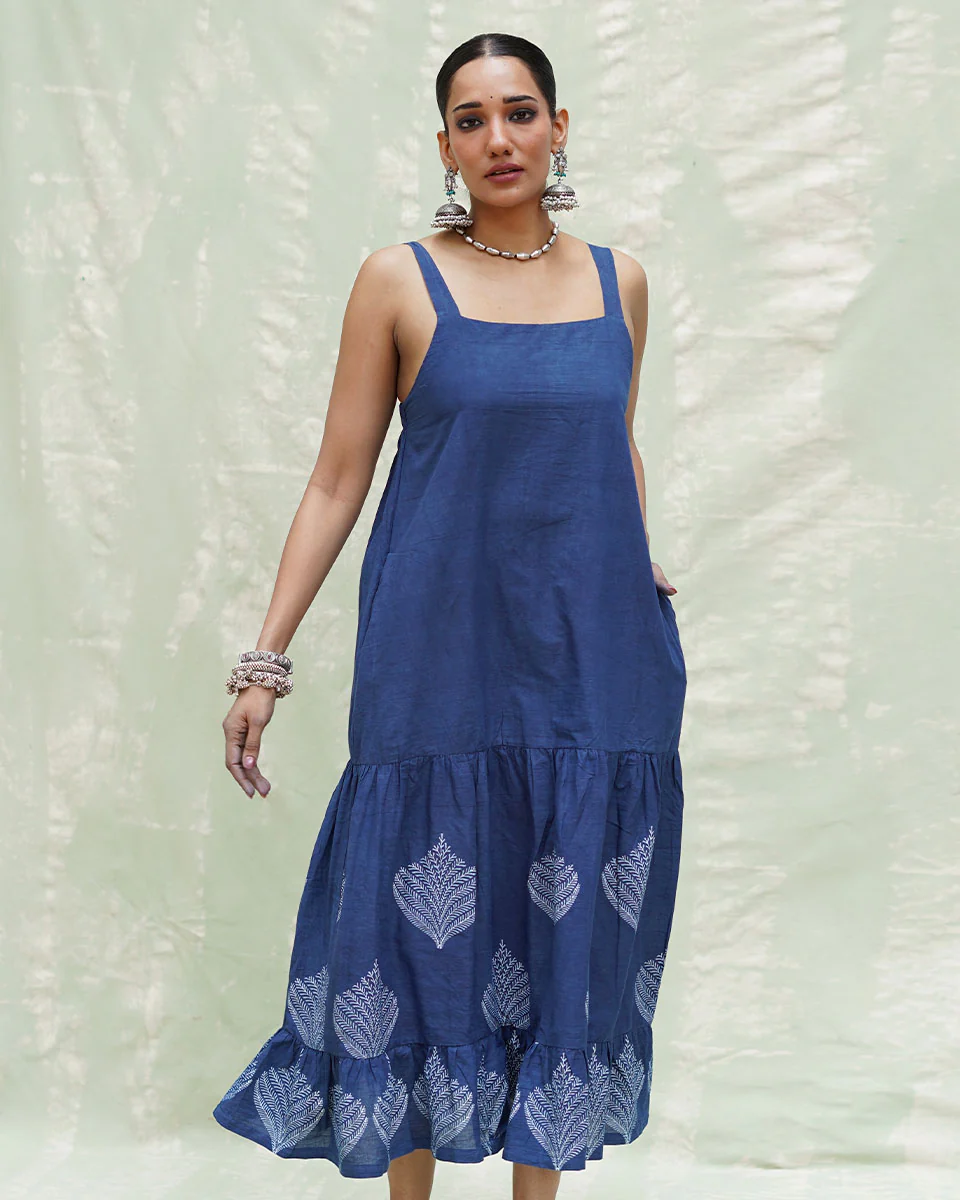 Bahar Blue Handblock Print Cotton Dress - INDI - Image 2