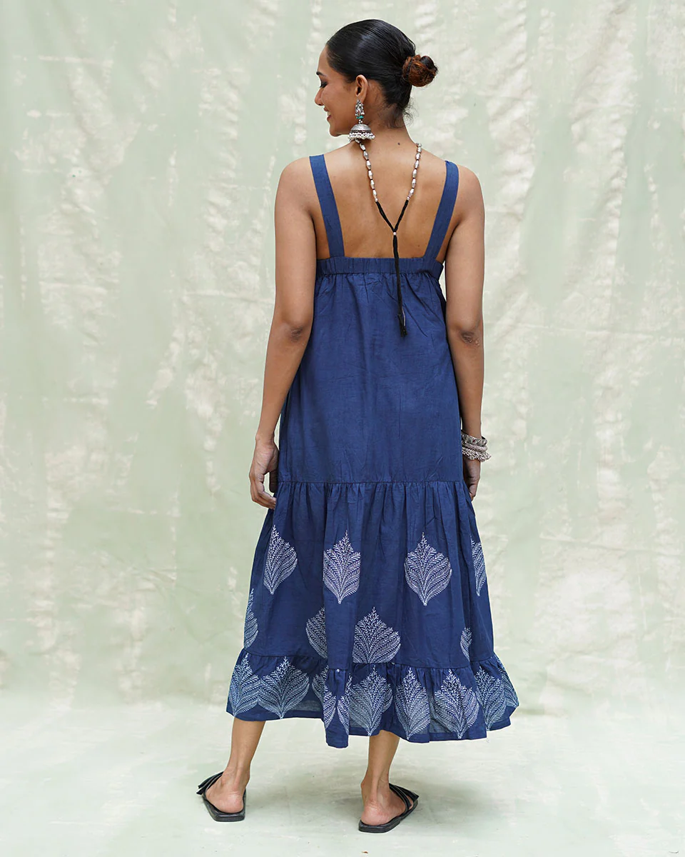 Bahar Blue Handblock Print Cotton Dress - INDI - Image 3